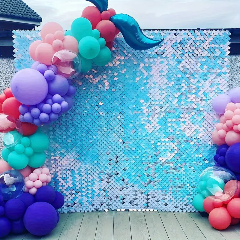 Silver Shimmer Backdrop with Organic Balloon Garland, Paper Plinth, LED Signage