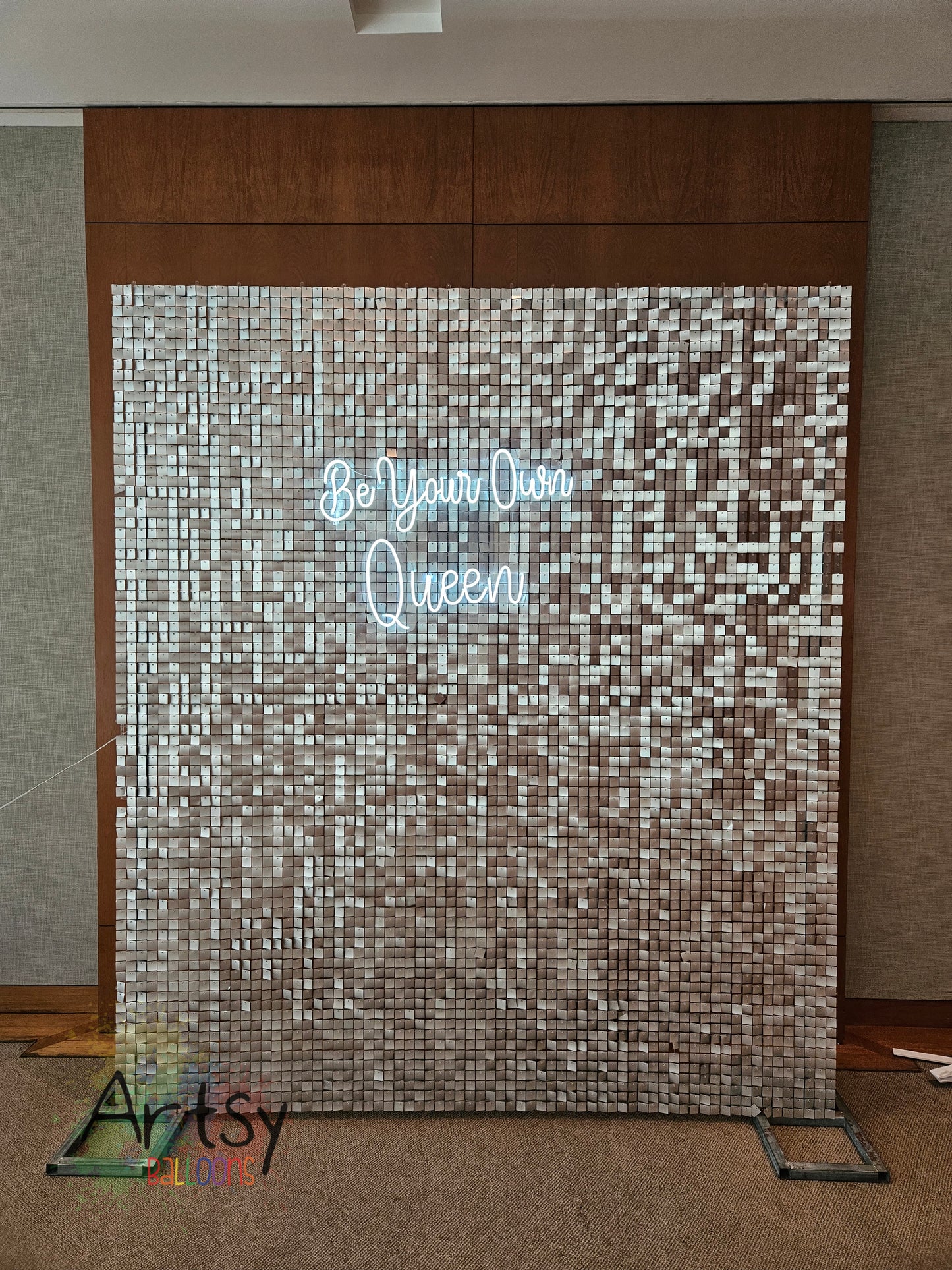 Silver Shimmer Backdrop with Organic Balloon Garland, Paper Plinth, LED Signage
