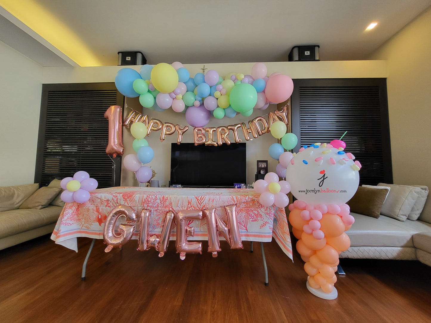 Pastel Rainbow Organic Garland + Ice Cream Display + Foil Happy Birthday Balloons