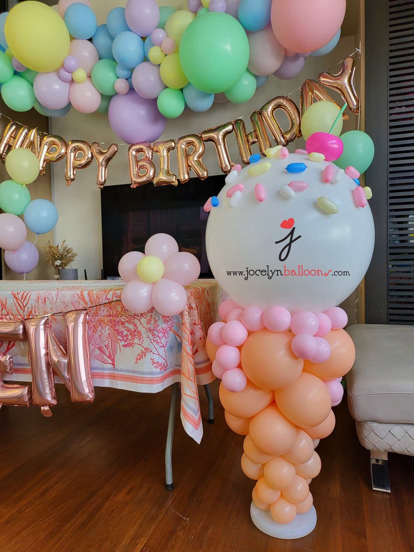 Pastel Rainbow Organic Garland + Ice Cream Display + Foil Happy Birthday Balloons