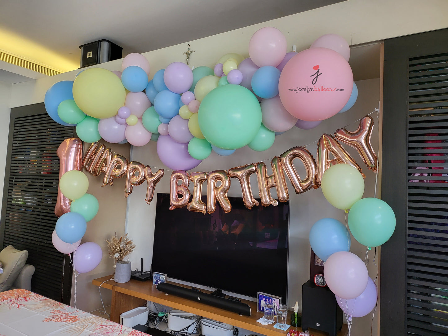 Pastel Rainbow Organic Garland + Ice Cream Display + Foil Happy Birthday Balloons