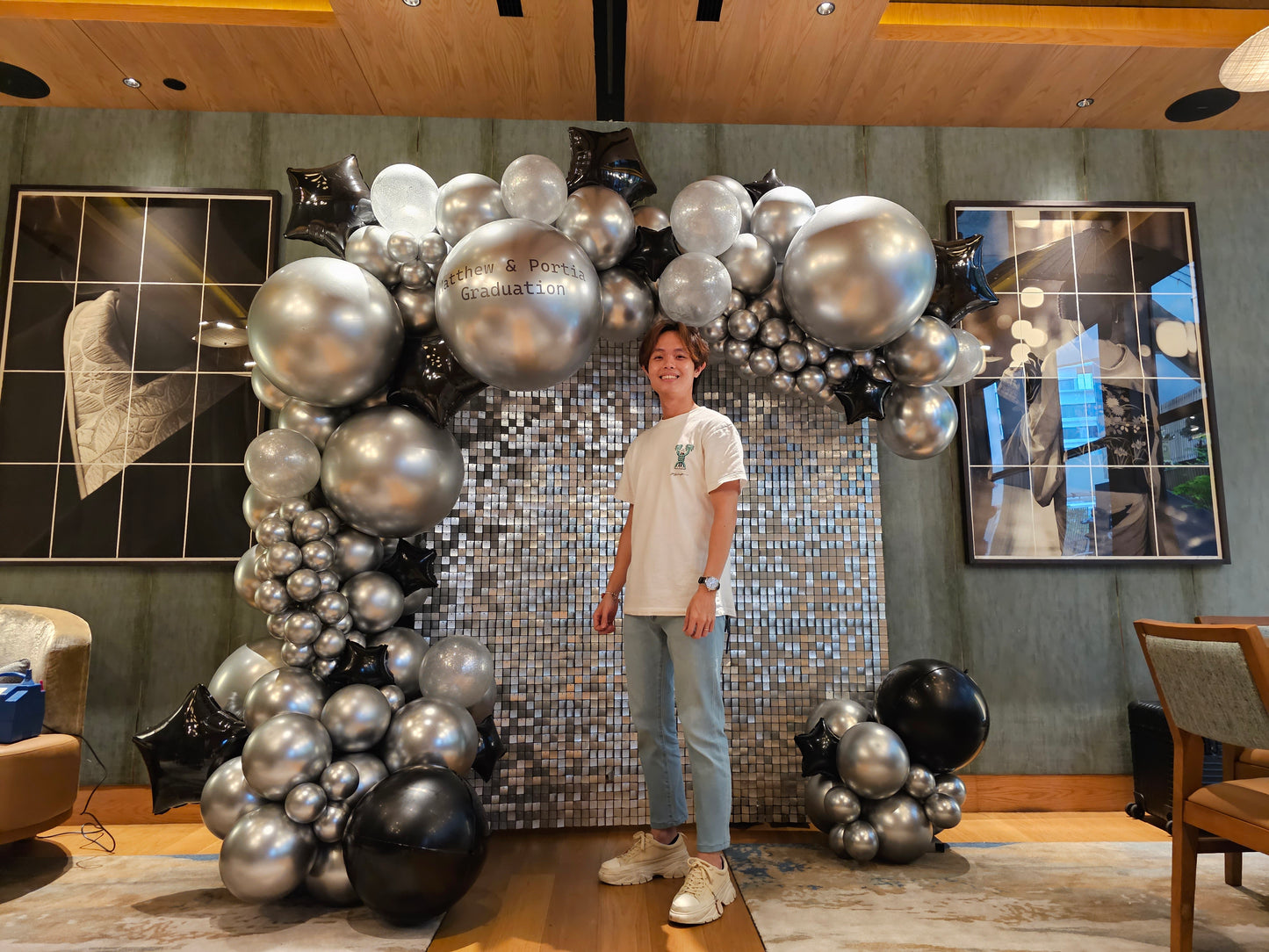 Chrome Silver Organic Garland Balloon Backdrop with Matte Silver Shimmer Backdrop