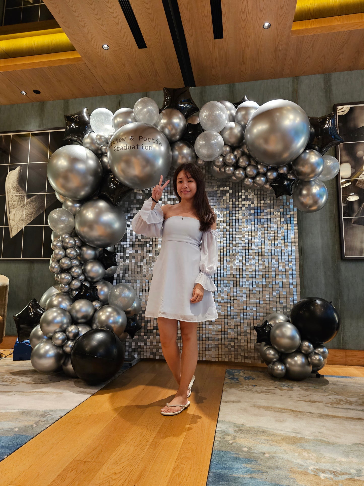 Chrome Silver Organic Garland Balloon Backdrop with Matte Silver Shimmer Backdrop
