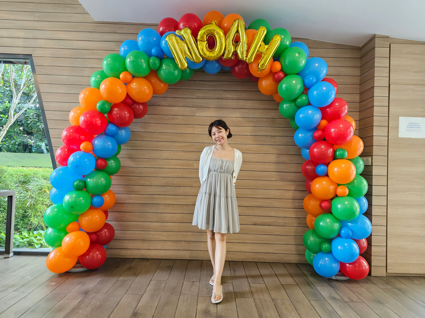 Spiral Balloon Arch with Gold Foil Text