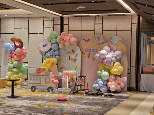 Rainbow Pastel Balloon Backdrop Decorations + Ball Pit + Bouncy Castle