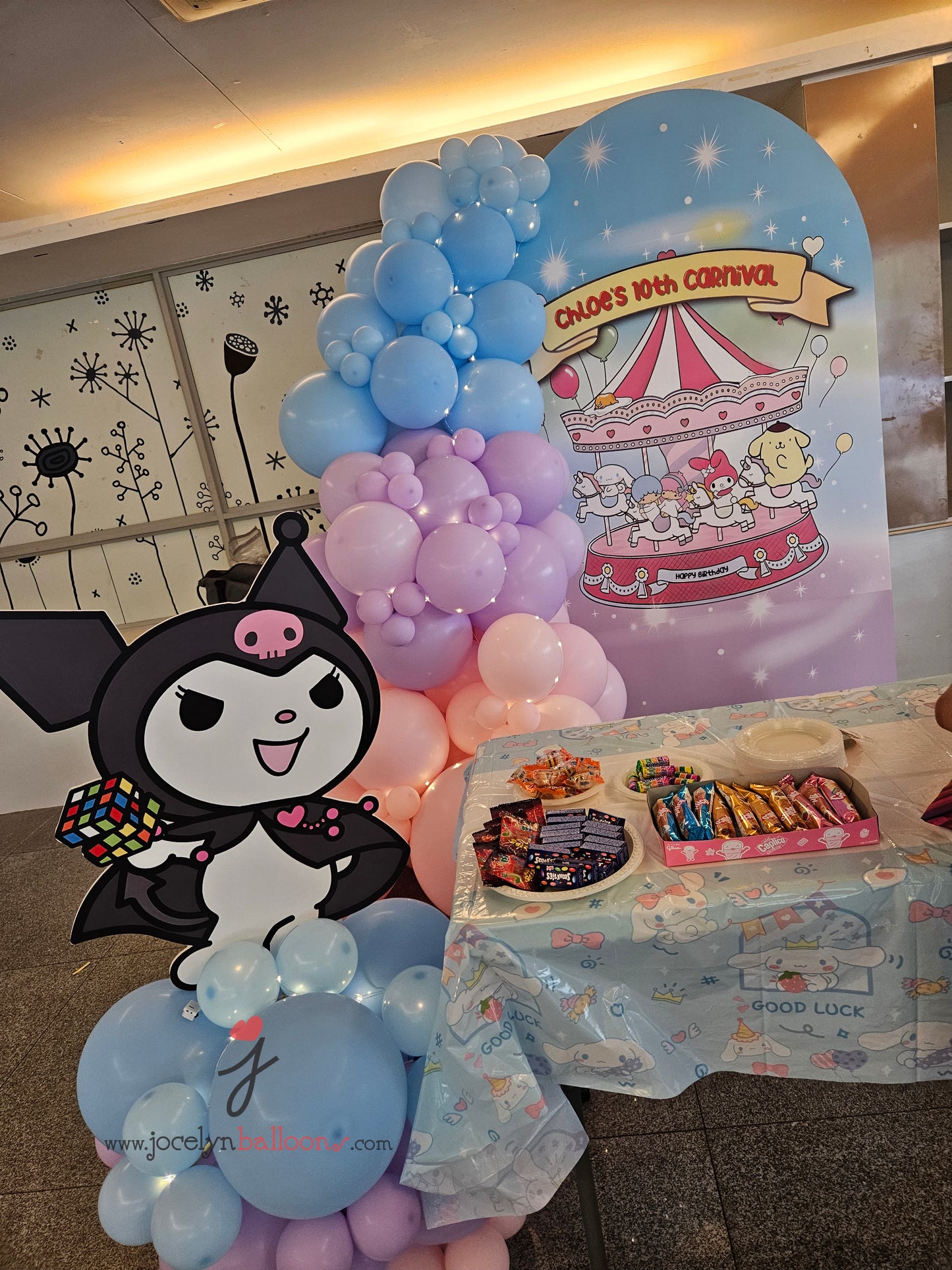 Sanrio Themed Balloon Foam Backdrop & Balloon Garland & Fairy Lights