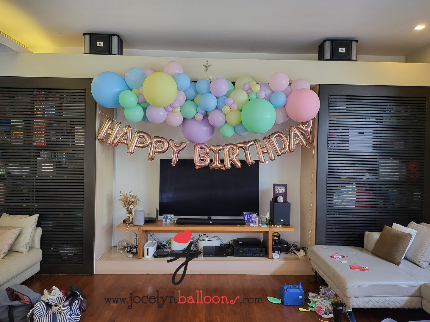 Pastel Rainbow Organic Garland + Ice Cream Display + Foil Happy Birthday Balloons