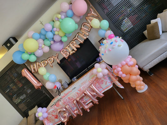 Pastel Rainbow Organic Garland + Ice Cream Display + Foil Happy Birthday Balloons
